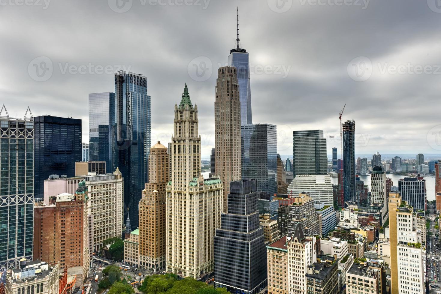 Aerial view of the New York City Skyline in downtown Manhattan in the Financial District. photo