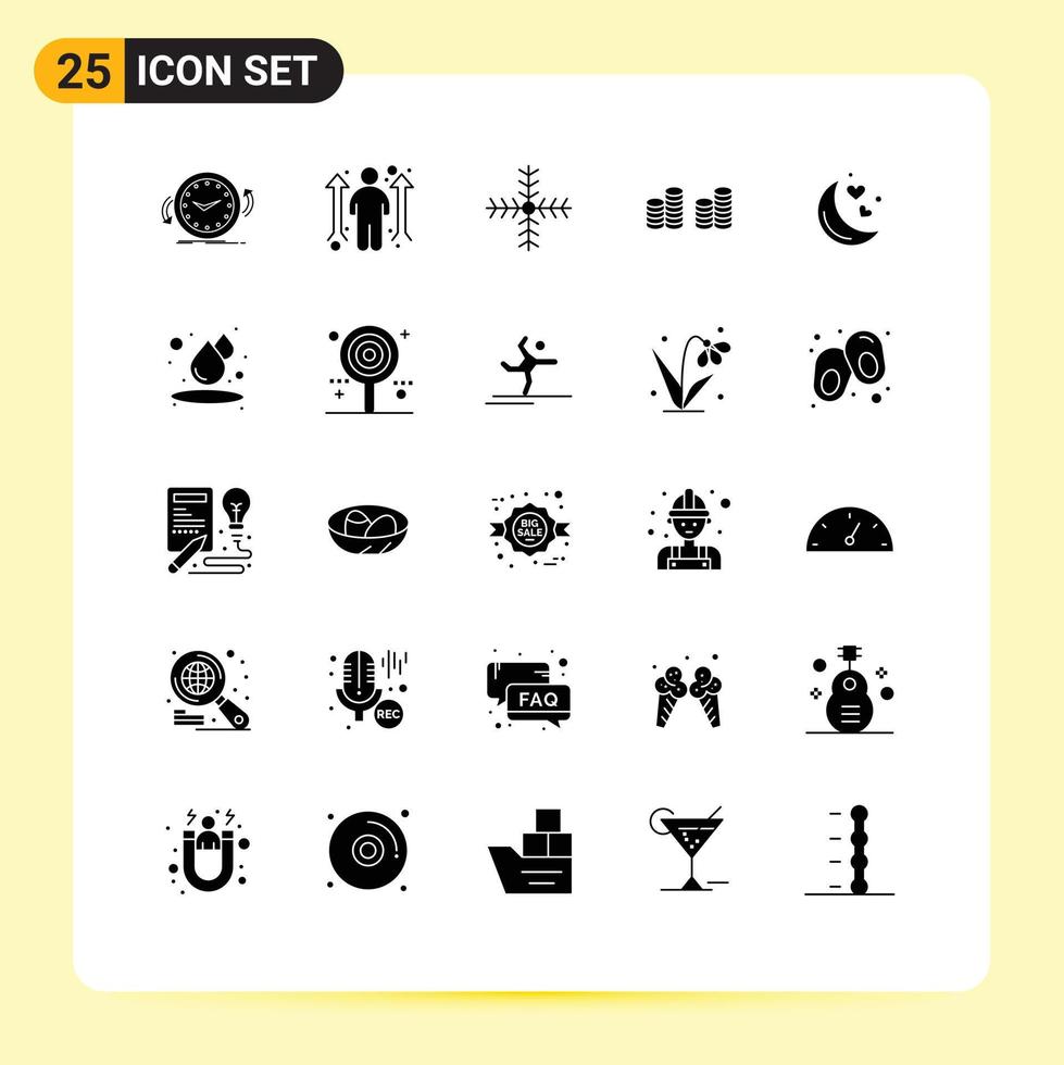 Pack of 25 creative Solid Glyphs of night money opportunity coins winter Editable Vector Design Elements