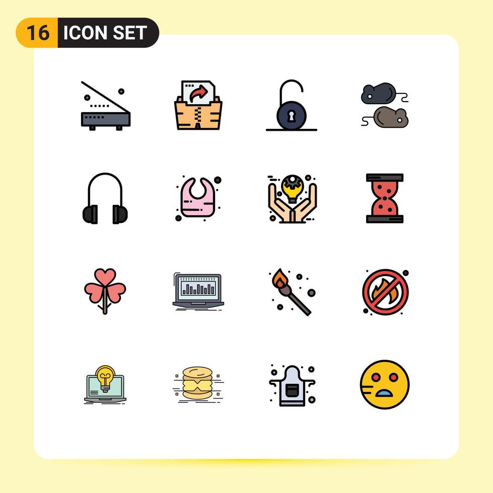 Mobile Interface Flat Color Filled Line Set of 16 Pictograms of support headphones unlocked closing test testng Editable Creative Vector Design Elements