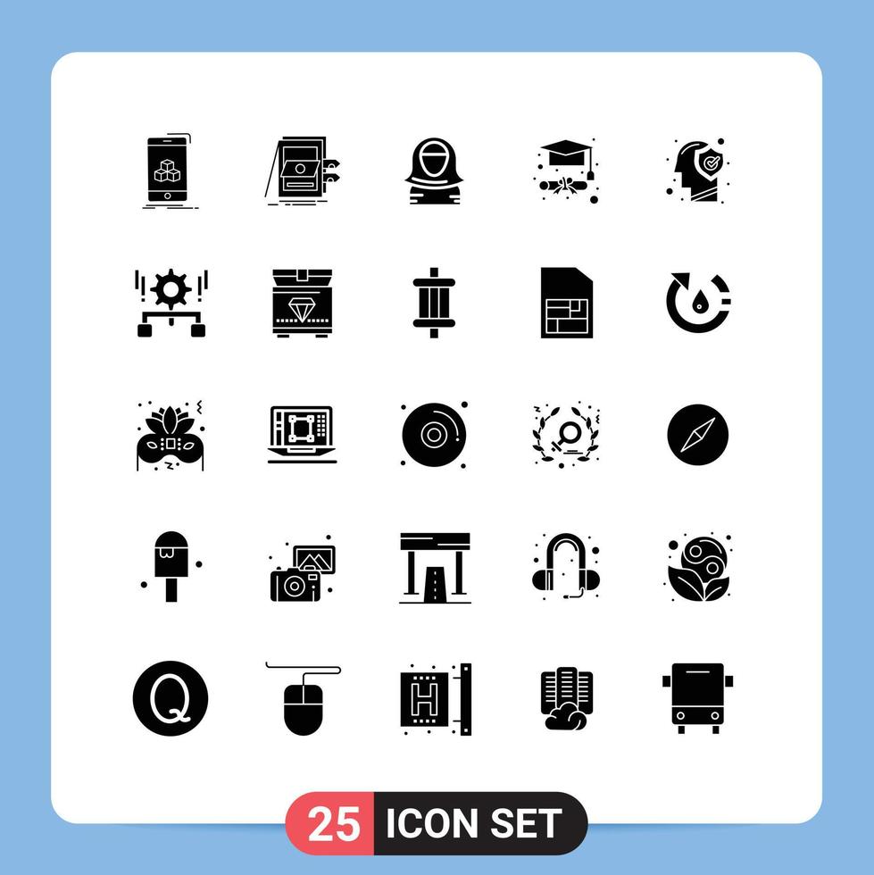 Group of 25 Solid Glyphs Signs and Symbols for brain graduation files degree gulf Editable Vector Design Elements