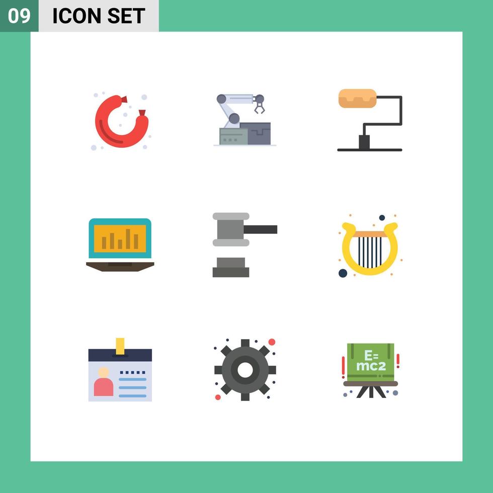 Universal Icon Symbols Group of 9 Modern Flat Colors of tools hammer paint roller auction monitoring Editable Vector Design Elements