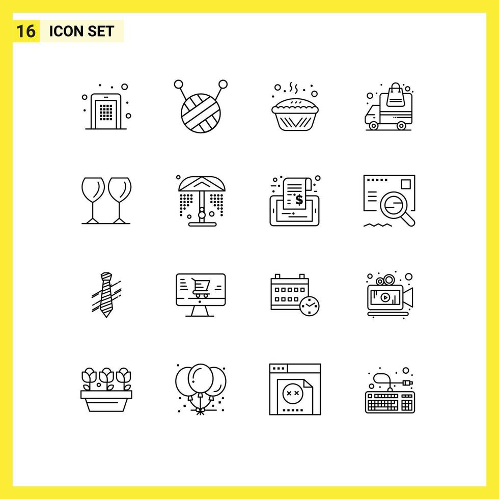 16 iconos creativos, signos y símbolos modernos de bebida, vidrio, orden de cocina, transporte, elementos de diseño vectorial editables vector