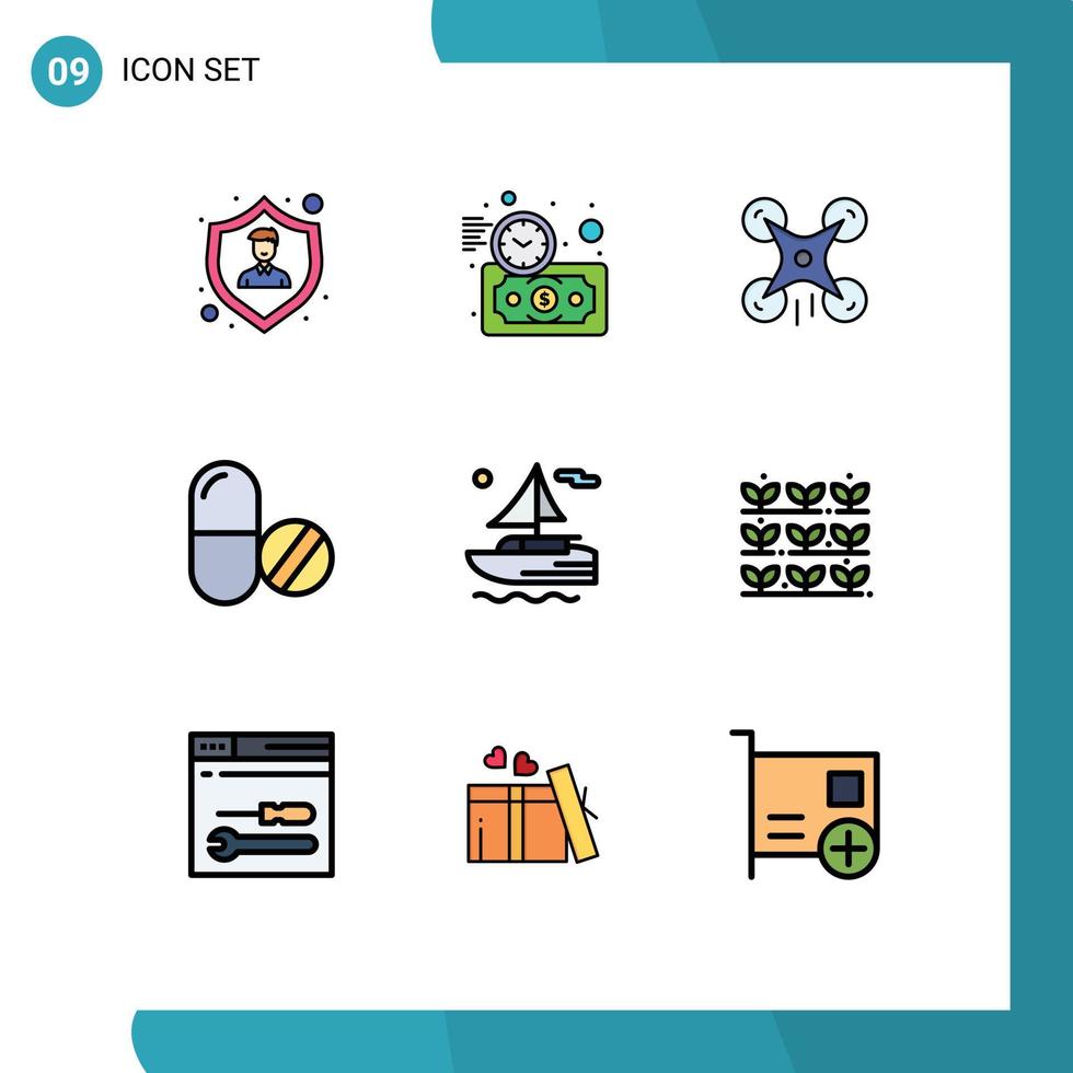 Mobile Interface Filledline Flat Color Set of 9 Pictograms of river tablet technology pills drug Editable Vector Design Elements