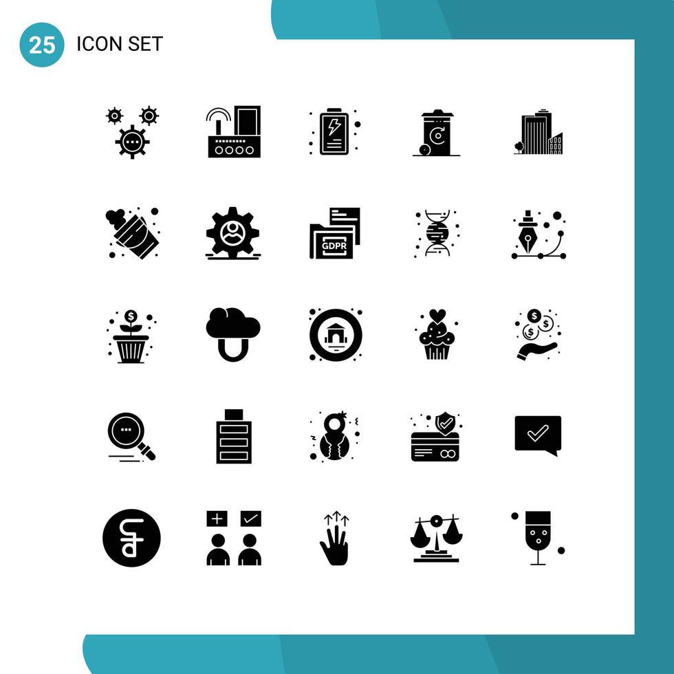 Group of 25 Modern Solid Glyphs Set for building energy wifi recycling user Editable Vector Design Elements