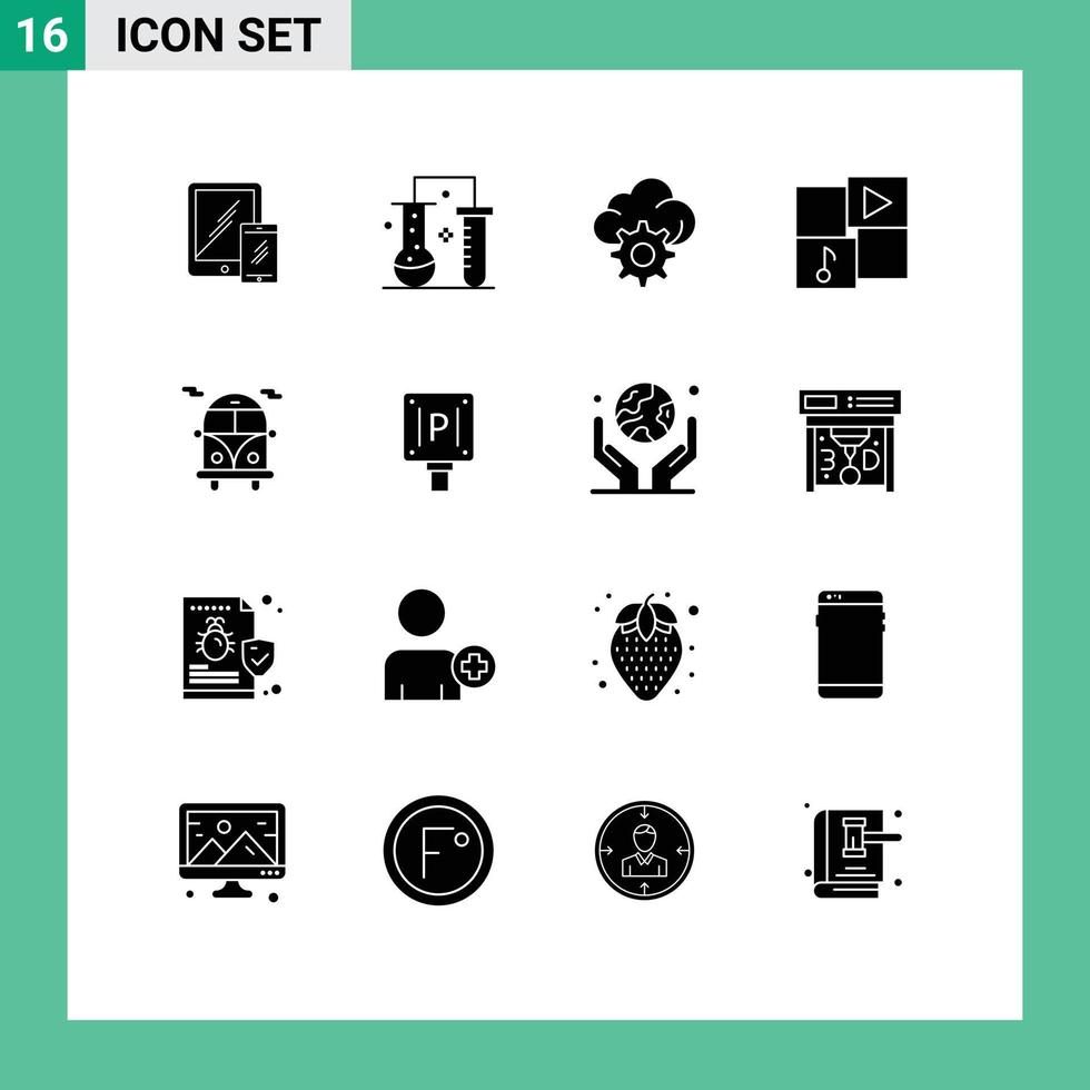 Mobile Interface Solid Glyph Set of 16 Pictograms of bus player science of matter video technology Editable Vector Design Elements