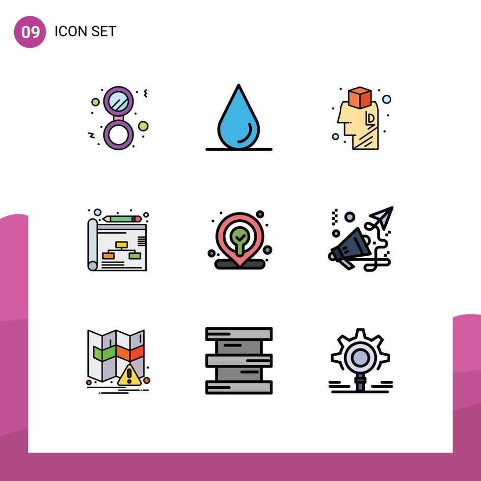conjunto moderno de 9 colores y símbolos planos de línea de llenado, como elementos de diseño vectorial editables de la estrategia de ubicación del diseño del mapa financiero vector