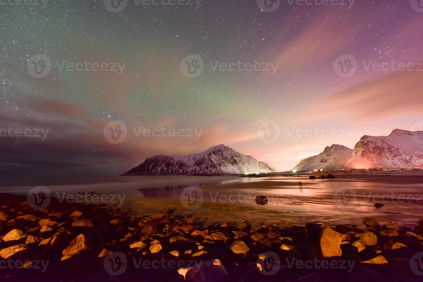 Skagsanden Beach in the Lofoten Islands, Norway at night in the winter. photo