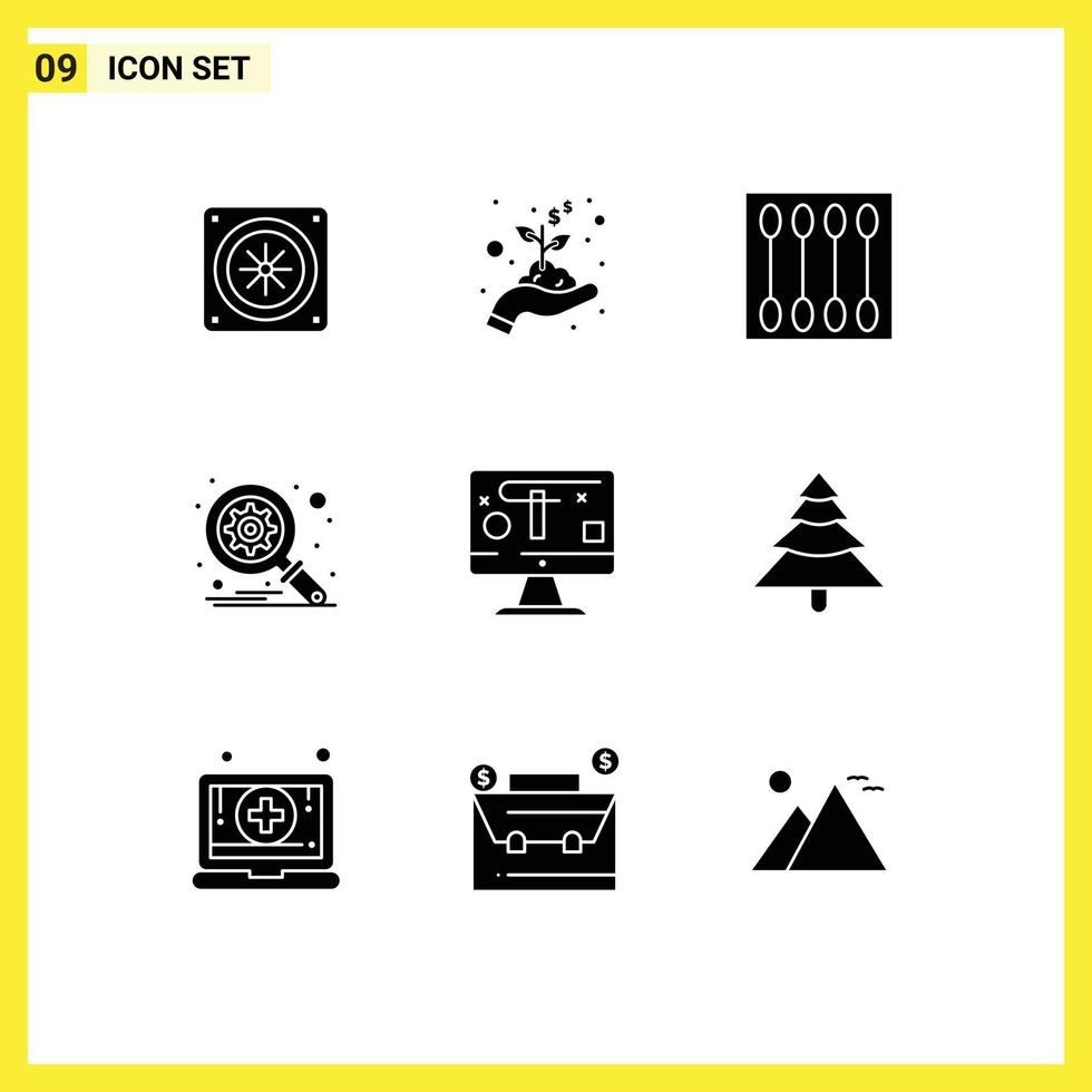 9 concepto de glifo sólido para sitios web, móviles y aplicaciones, diseño gráfico, pincel facial, optimización de computadora, elementos de diseño vectorial editables vector