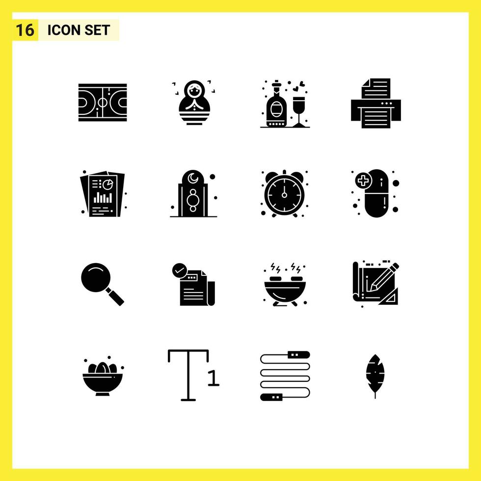 Pack of 16 Modern Solid Glyphs Signs and Symbols for Web Print Media such as seo analysis celebration printer device Editable Vector Design Elements