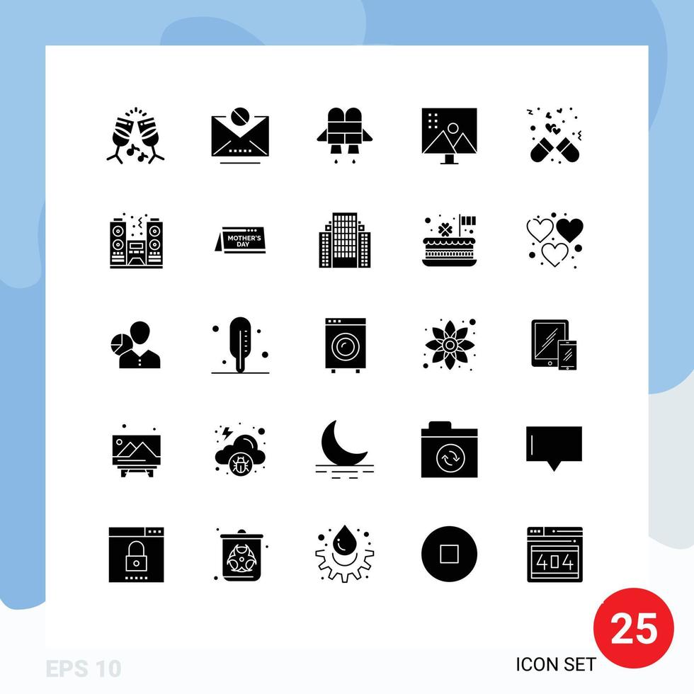 Set of 25 Commercial Solid Glyphs pack for love dose jetpack capsule photo editing Editable Vector Design Elements