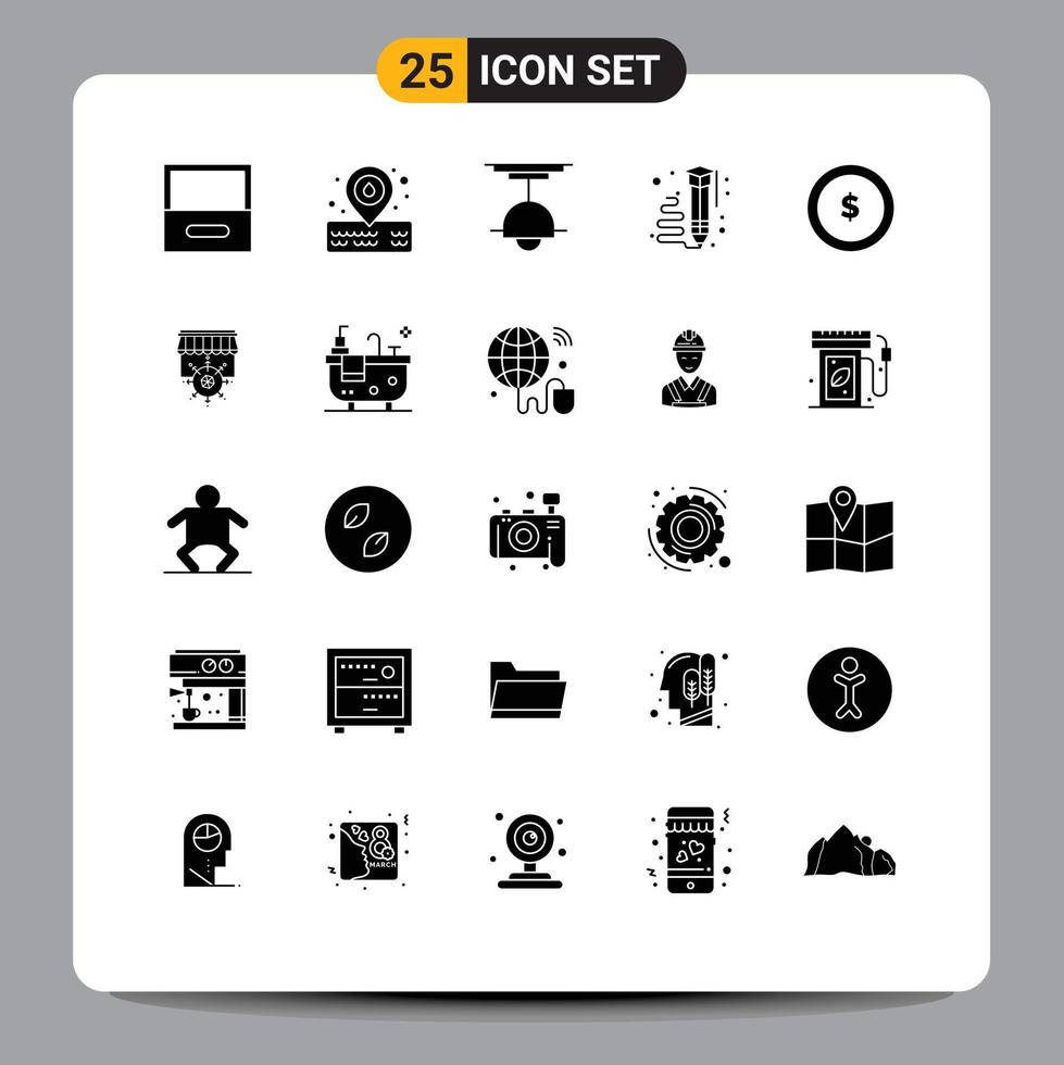 25 User Interface Solid Glyph Pack of modern Signs and Symbols of coin write interior pencil draw Editable Vector Design Elements