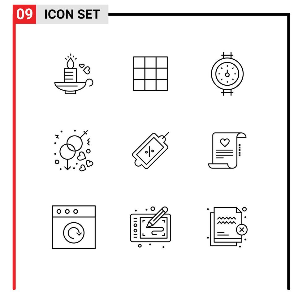 User Interface Pack of 9 Basic Outlines of tag market meter ecommerce love Editable Vector Design Elements