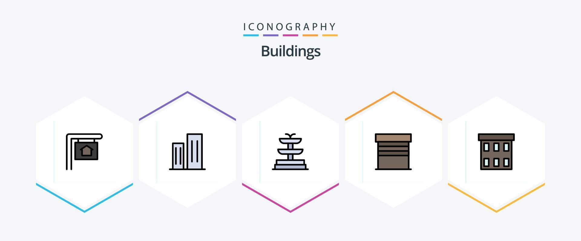 paquete de iconos de 25 líneas completas de edificios, incluida la corporación. edificios fuente. edificio. cochera vector