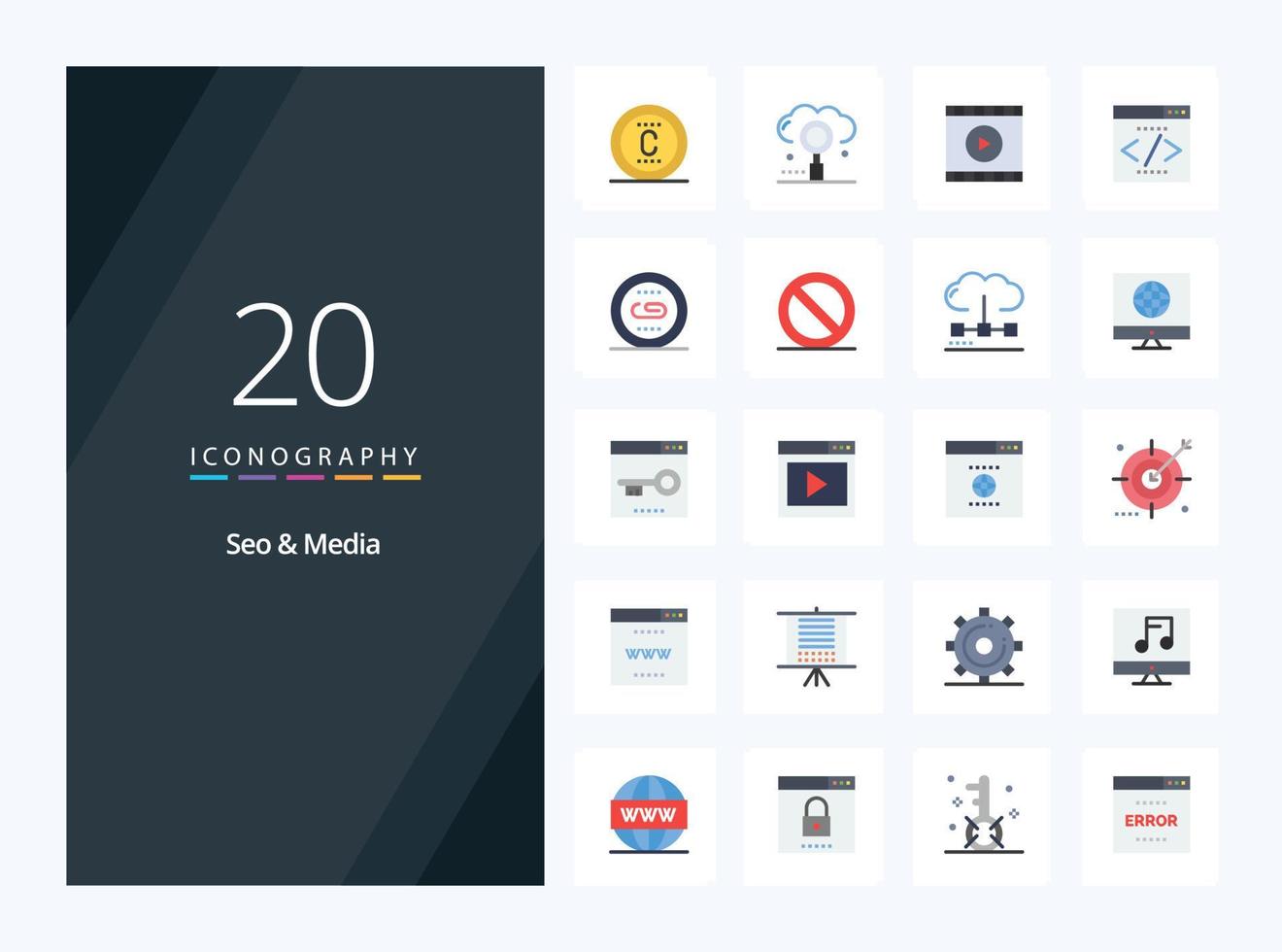 20 icono de color plano de medios seo para presentación vector