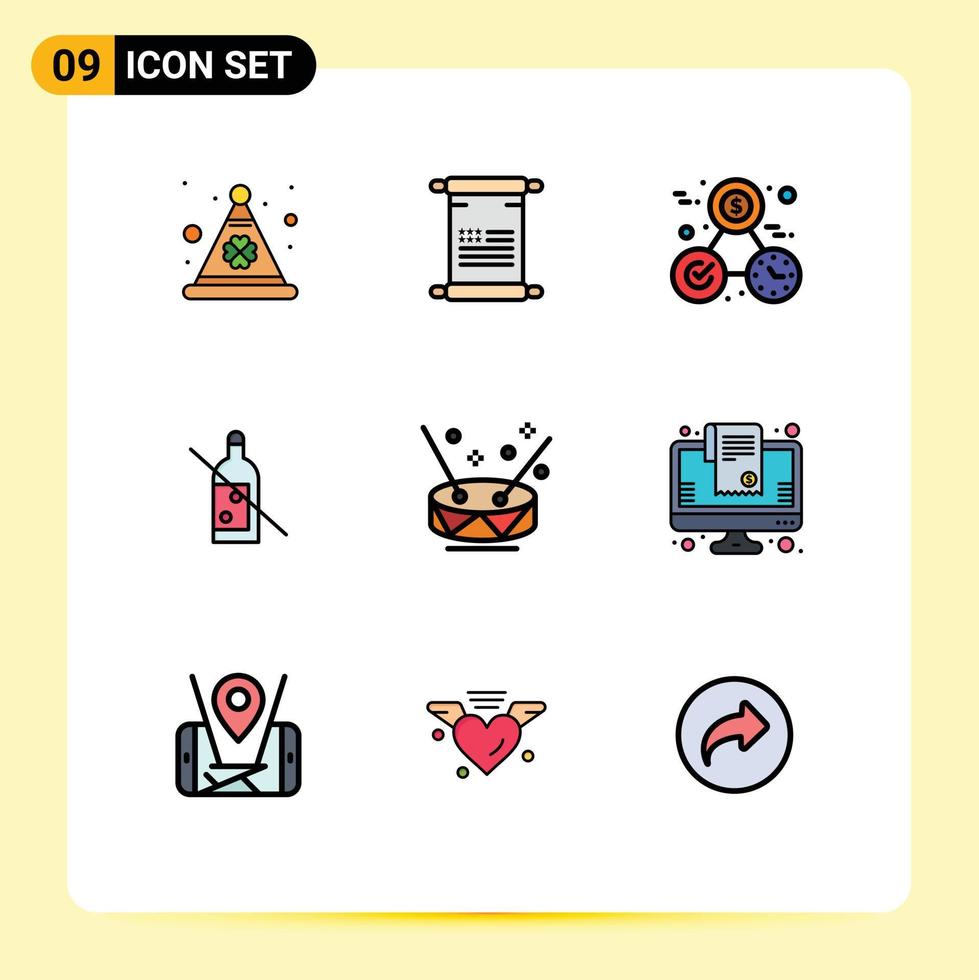 Pack of 9 Modern Filledline Flat Colors Signs and Symbols for Web Print Media such as instruments whiskey clock no alcohol Editable Vector Design Elements