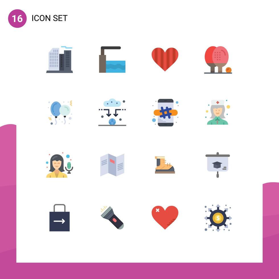 conjunto de pictogramas de 16 colores planos simples de actividades de equipo de amor de juego de globos paquete editable de elementos creativos de diseño de vectores