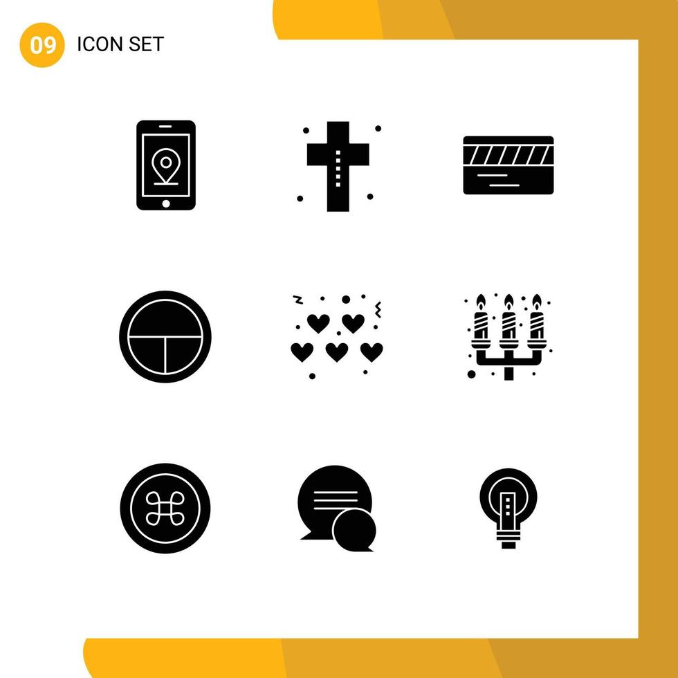 Modern Set of 9 Solid Glyphs Pictograph of valentines hearts ticket soldier badge Editable Vector Design Elements