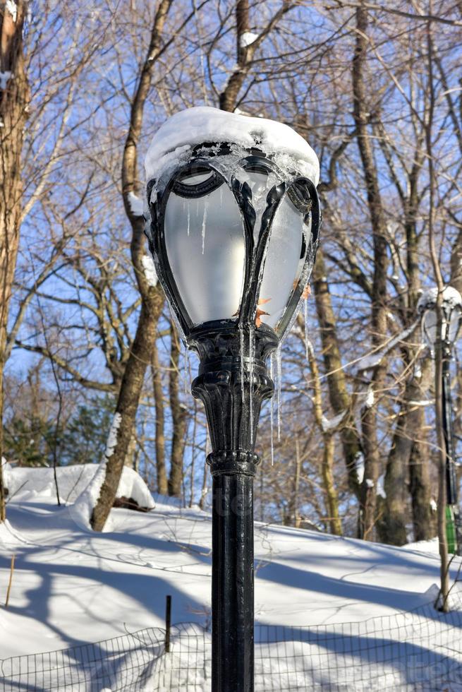 Frozen Central Park lamp post in New York City after a snow storm. photo