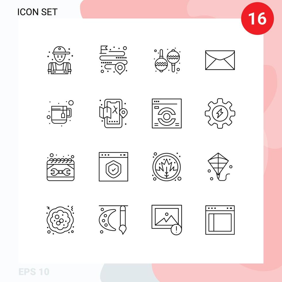 Modern Set of 16 Outlines Pictograph of mug message route education mail Editable Vector Design Elements