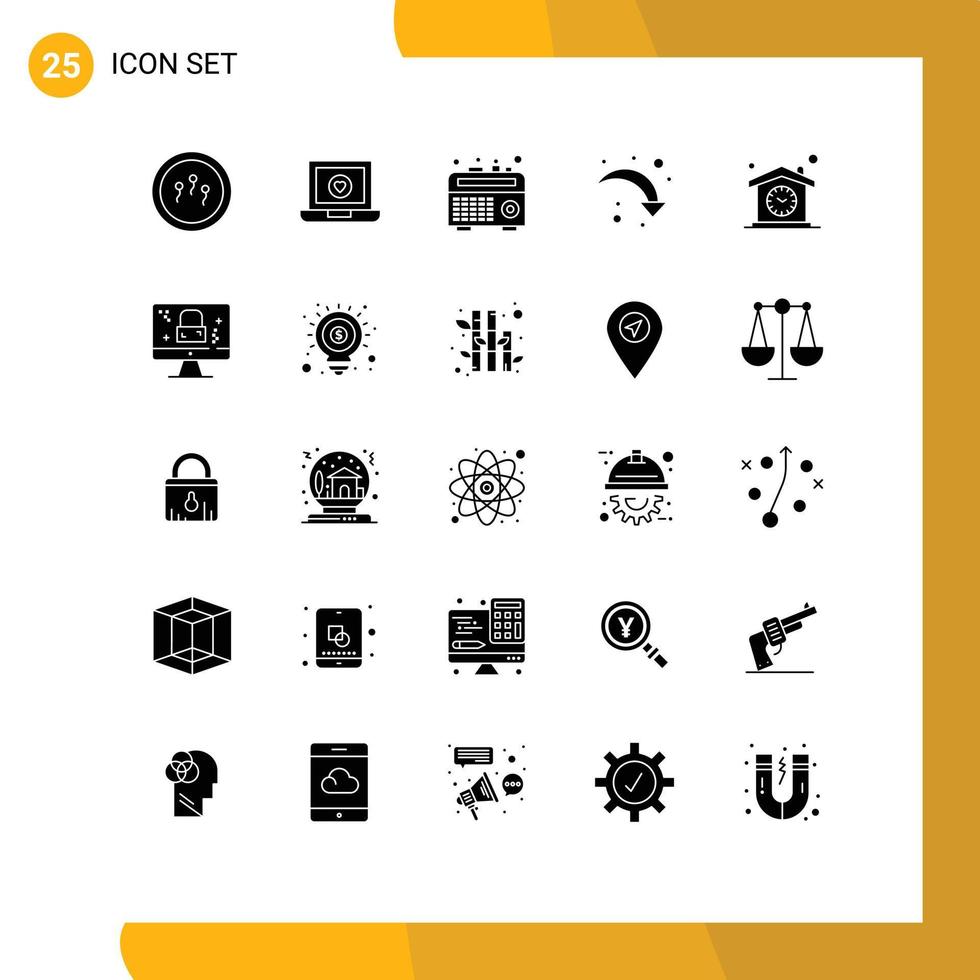 25 Universal Solid Glyphs Set for Web and Mobile Applications time home boom box down reload Editable Vector Design Elements