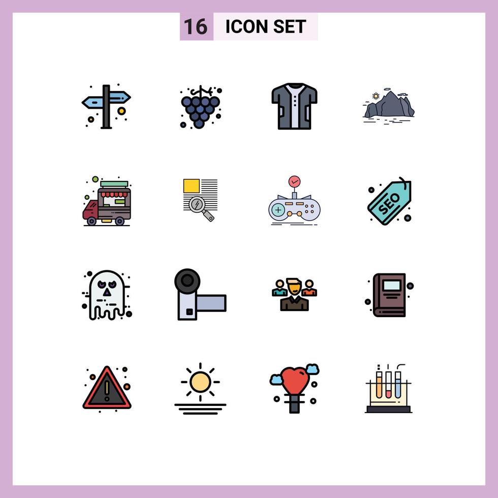 Set of 16 Commercial Flat Color Filled Lines pack for shop scene digital mountain hill Editable Creative Vector Design Elements
