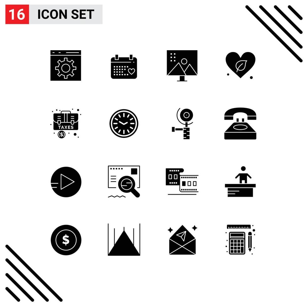 Group of 16 Modern Solid Glyphs Set for accounting world altering image green photo retouching Editable Vector Design Elements