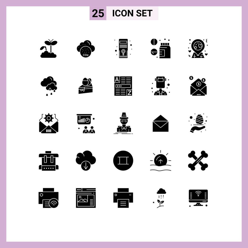 25 User Interface Solid Glyph Pack of modern Signs and Symbols of love wellness computer medical drug Editable Vector Design Elements