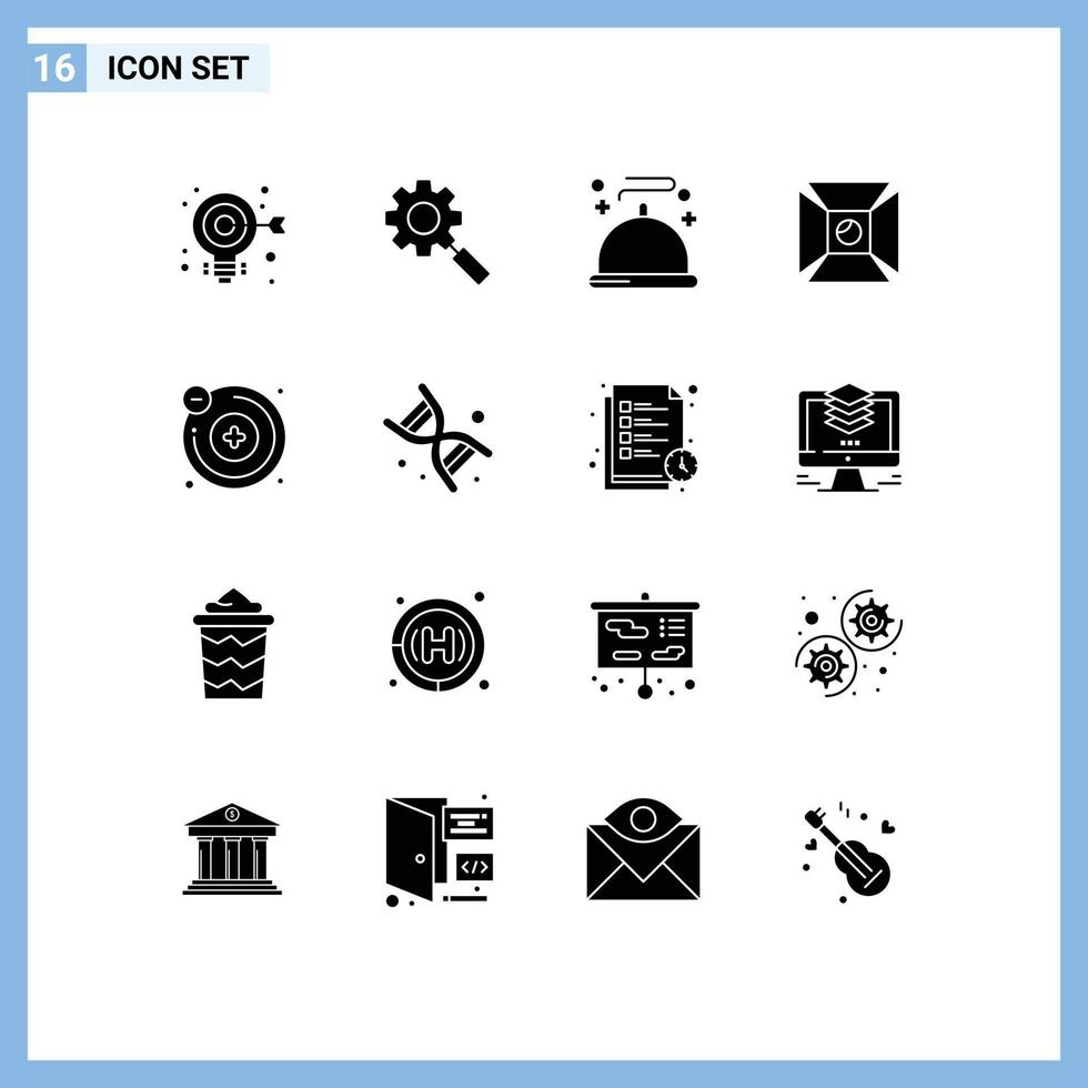 16 Solid Glyph concept for Websites Mobile and Apps chemistry shooting food light focus Editable Vector Design Elements