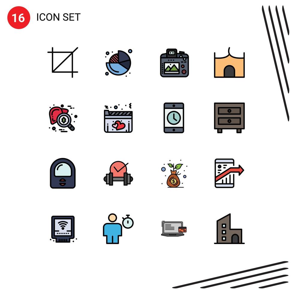 Mobile Interface Flat Color Filled Line Set of 16 Pictograms of checkup fortress camera castle tower castle Editable Creative Vector Design Elements
