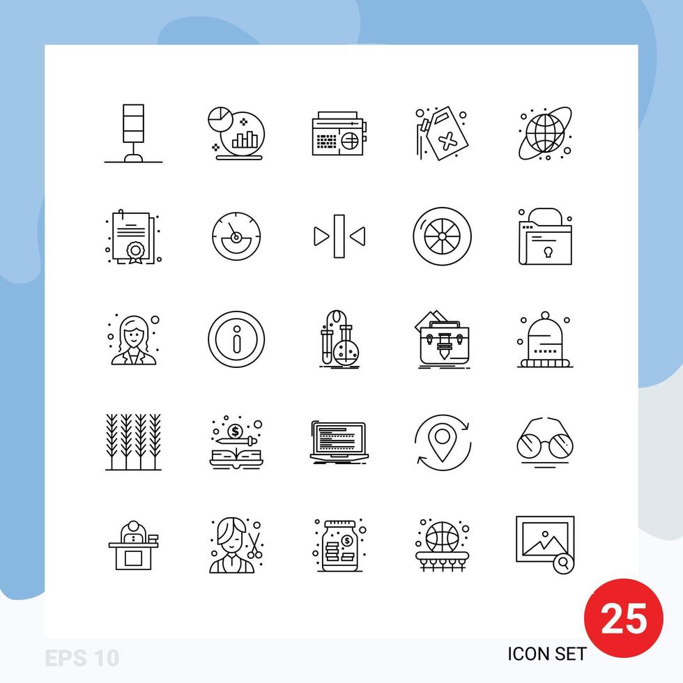 25 User Interface Line Pack of modern Signs and Symbols of earth globe circular music waste gas Editable Vector Design Elements