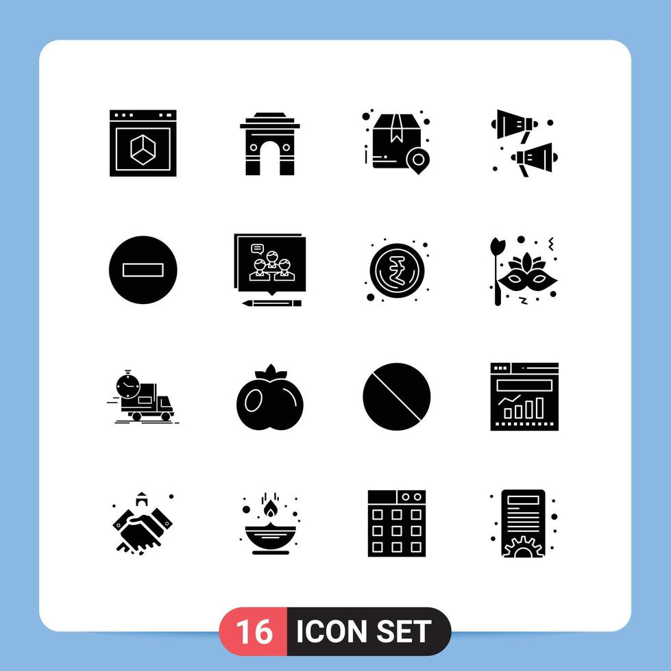 Set of 16 Vector Solid Glyphs on Grid for loud place india package box Editable Vector Design Elements