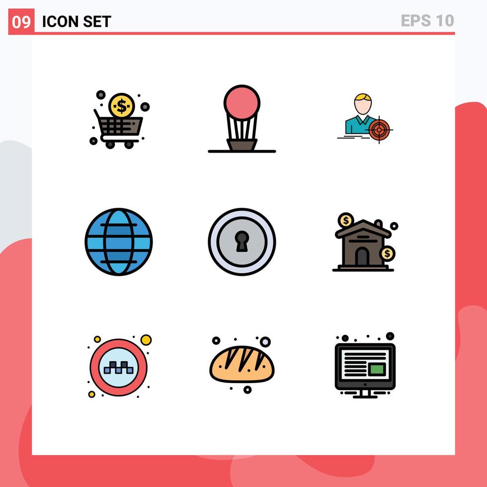 Modern Set of 9 Filledline Flat Colors Pictograph of secret keyhole focus world internet Editable Vector Design Elements