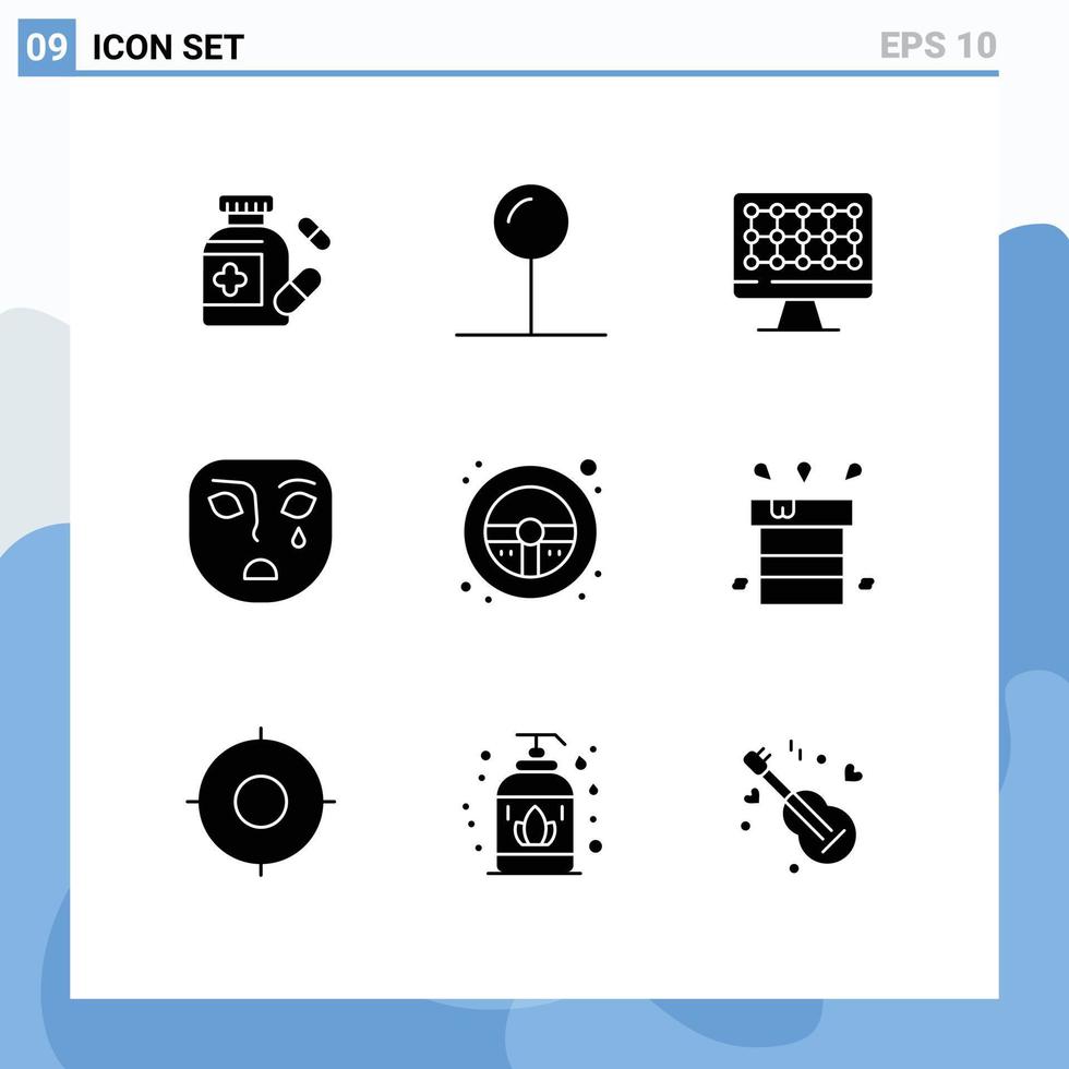 9 User Interface Solid Glyph Pack of modern Signs and Symbols of bag steering wheel hardware steering sad Editable Vector Design Elements