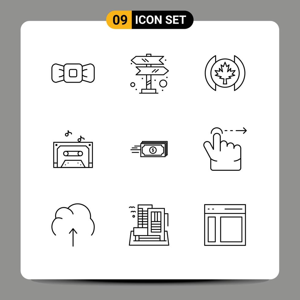 Pack of 9 Modern Outlines Signs and Symbols for Web Print Media such as money business flag dollar sound Editable Vector Design Elements