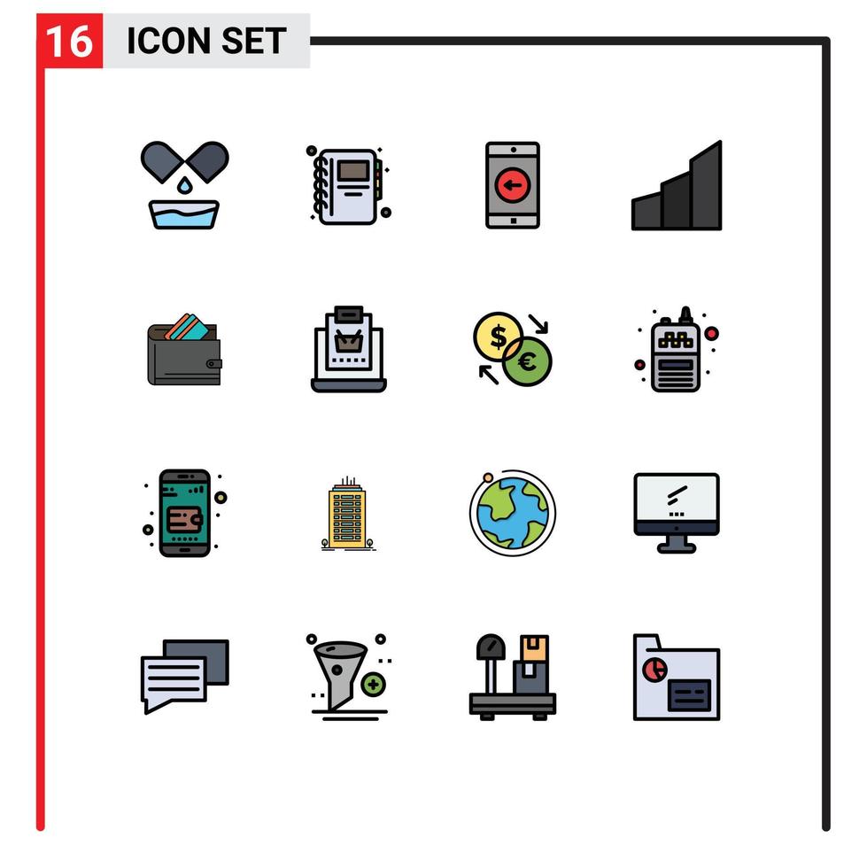 Set of 16 Commercial Flat Color Filled Lines pack for credit card wallet mobile application office blocks buildings Editable Creative Vector Design Elements