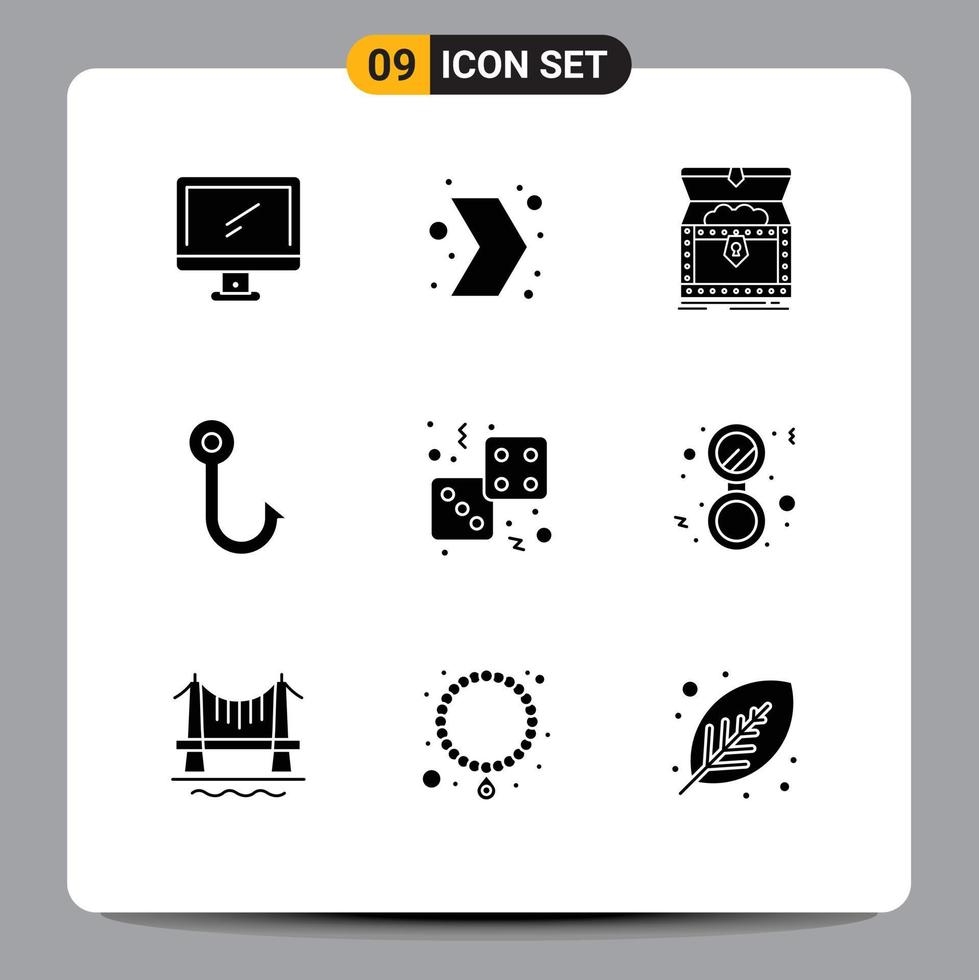 Group of 9 Modern Solid Glyphs Set for dice fishing right fish reward Editable Vector Design Elements