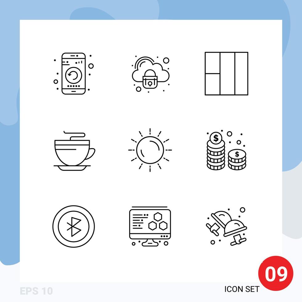 Group of 9 Modern Outlines Set for sunset sun secure cleaning coffee Editable Vector Design Elements