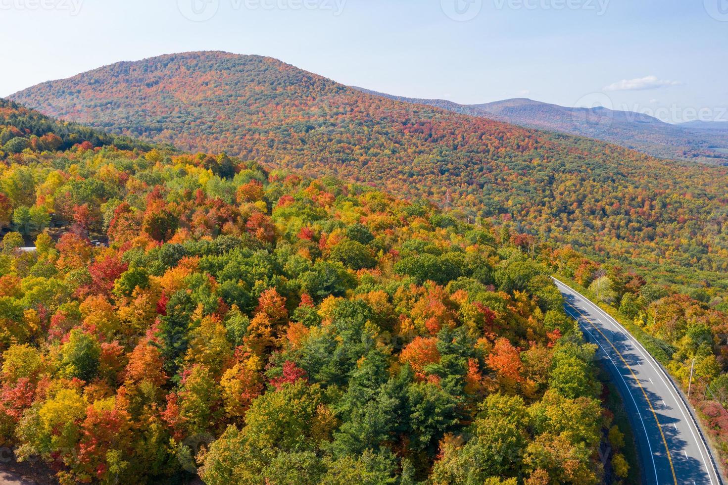 Aerial view of fall foliage along the Catskill Mountains in upstate New