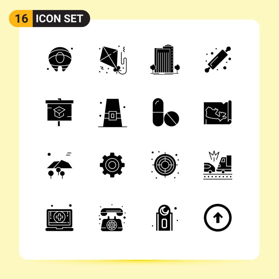 16 Solid Glyph concept for Websites Mobile and Apps education bread rolling pin green bread roller bakery Editable Vector Design Elements