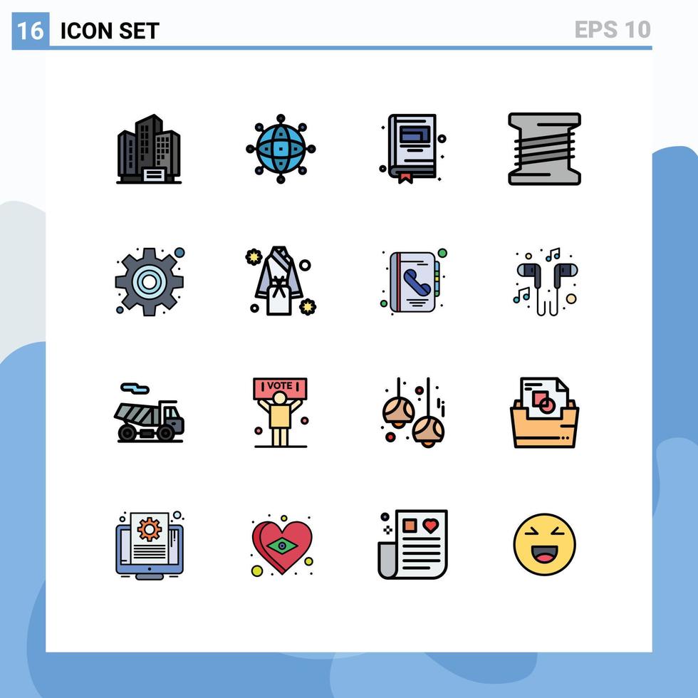16 líneas rellenas de colores planos vectoriales temáticos y símbolos editables de configuración cog en todo el mundo bobina de hilo elementos de diseño de vectores creativos editables