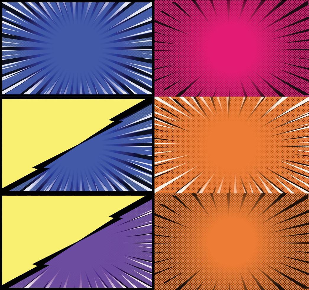 Comic book colorful frames background with halftone rays radial and dotted effects pop art style vector