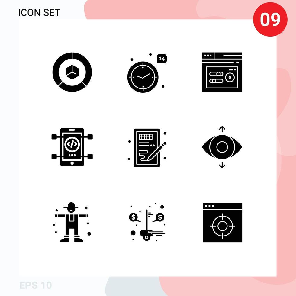 Group of 9 Solid Glyphs Signs and Symbols for creative development heart coding web Editable Vector Design Elements