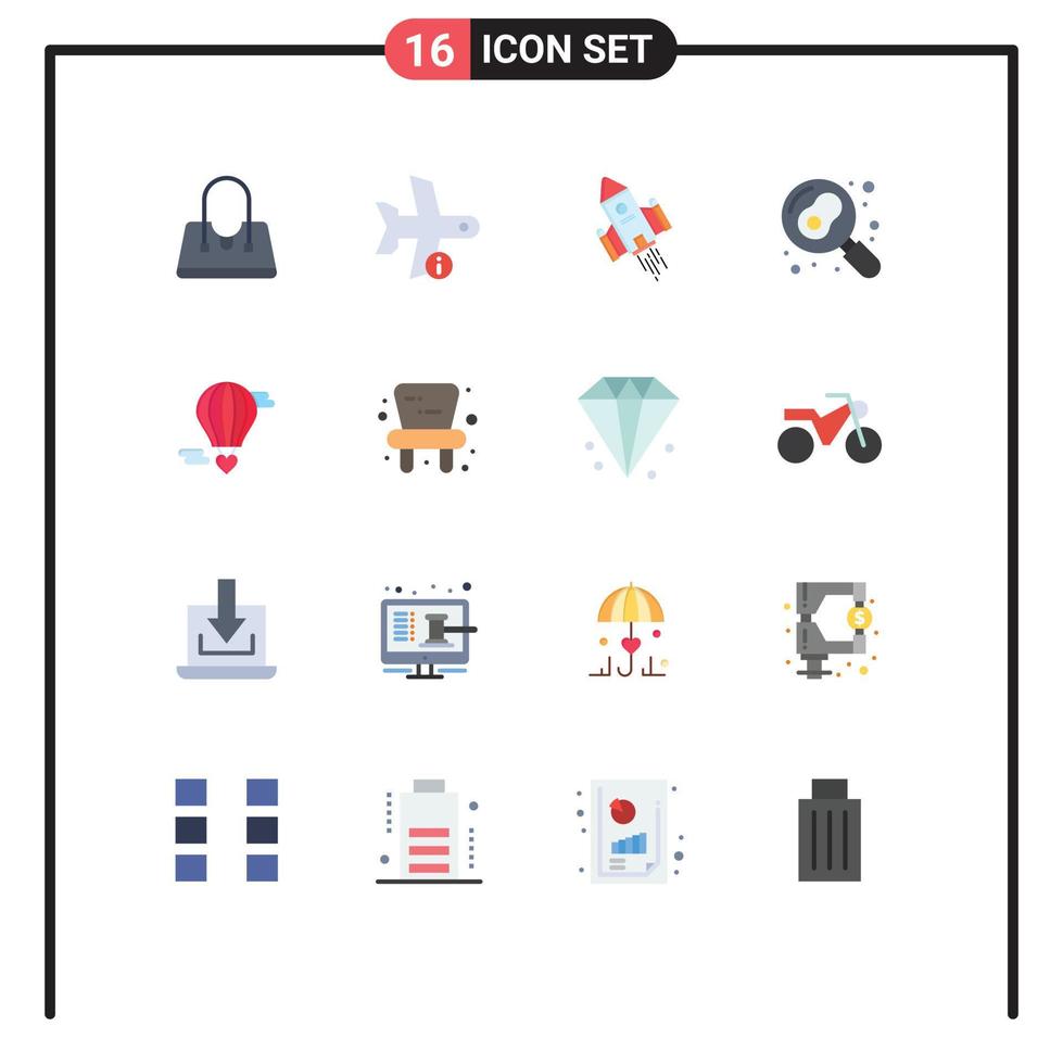 16 Universal Flat Color Signs Symbols of m flying heart pan space craft kitchen launch Editable Pack of Creative Vector Design Elements