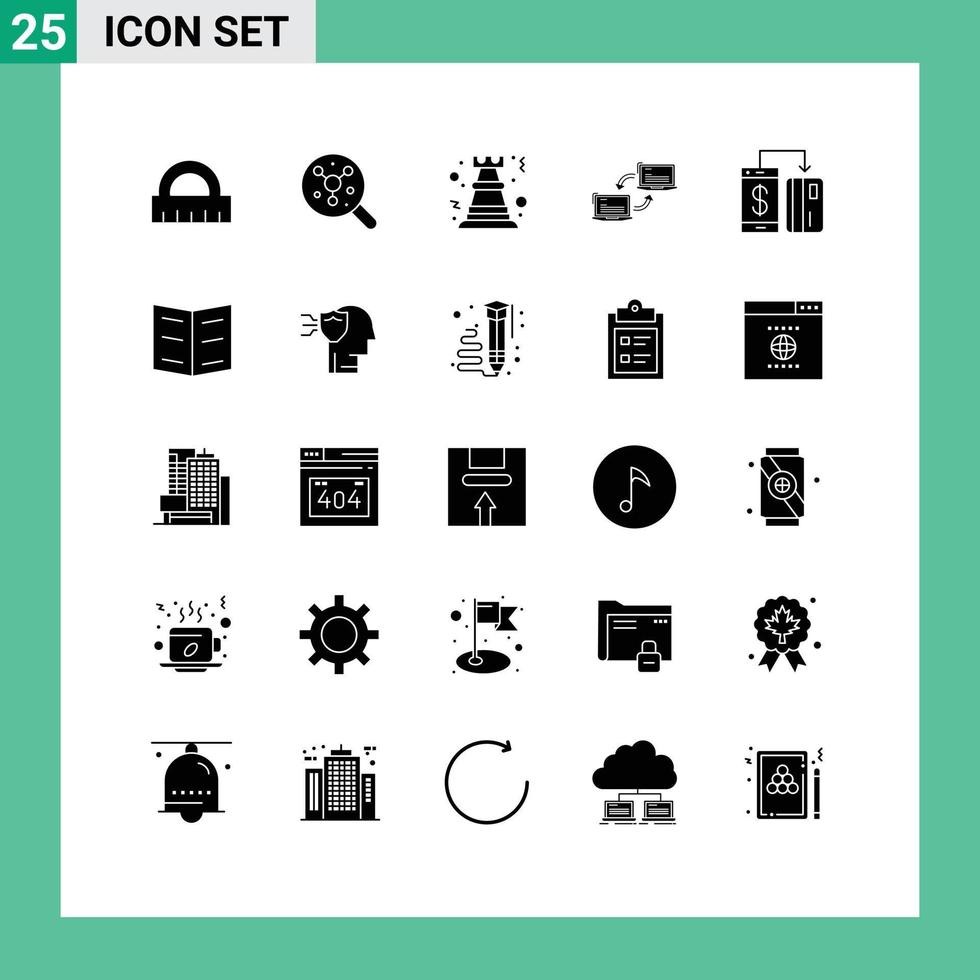 Group of 25 Solid Glyphs Signs and Symbols for cashless network chess link computer Editable Vector Design Elements