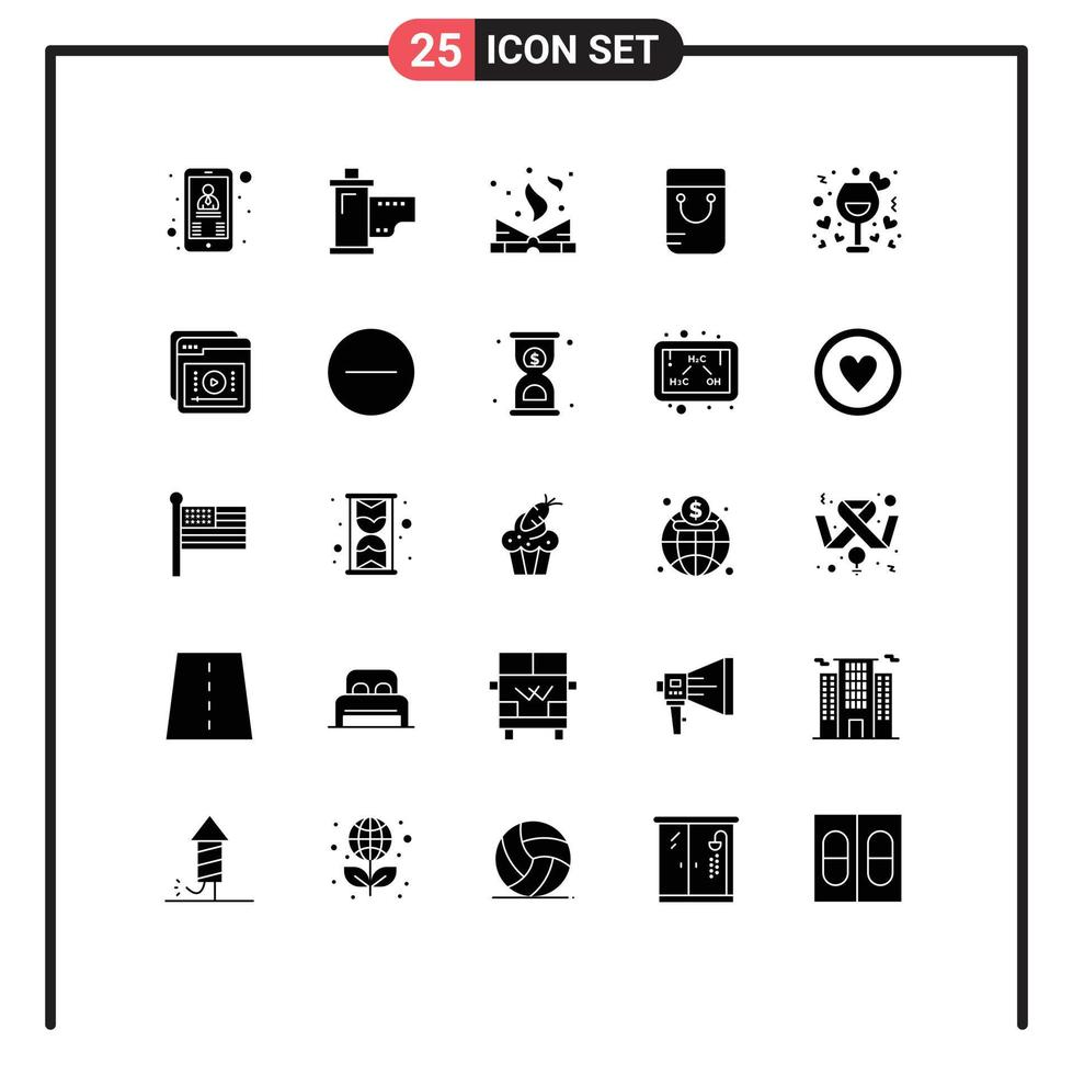 25 Solid Glyph concept for Websites Mobile and Apps love school movie handbag spell book Editable Vector Design Elements