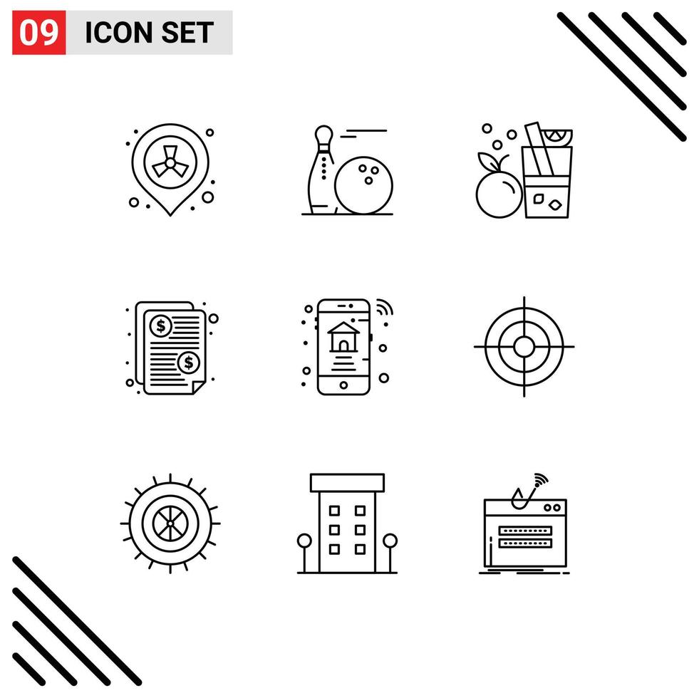 Pack of 9 Modern Outlines Signs and Symbols for Web Print Media such as home price strike invoice orange Editable Vector Design Elements