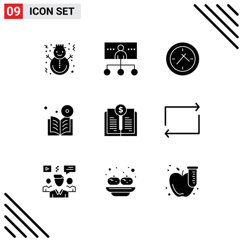 9 Solid Glyph concept for Websites Mobile and Apps course learning management dvd clock Editable Vector Design Elements