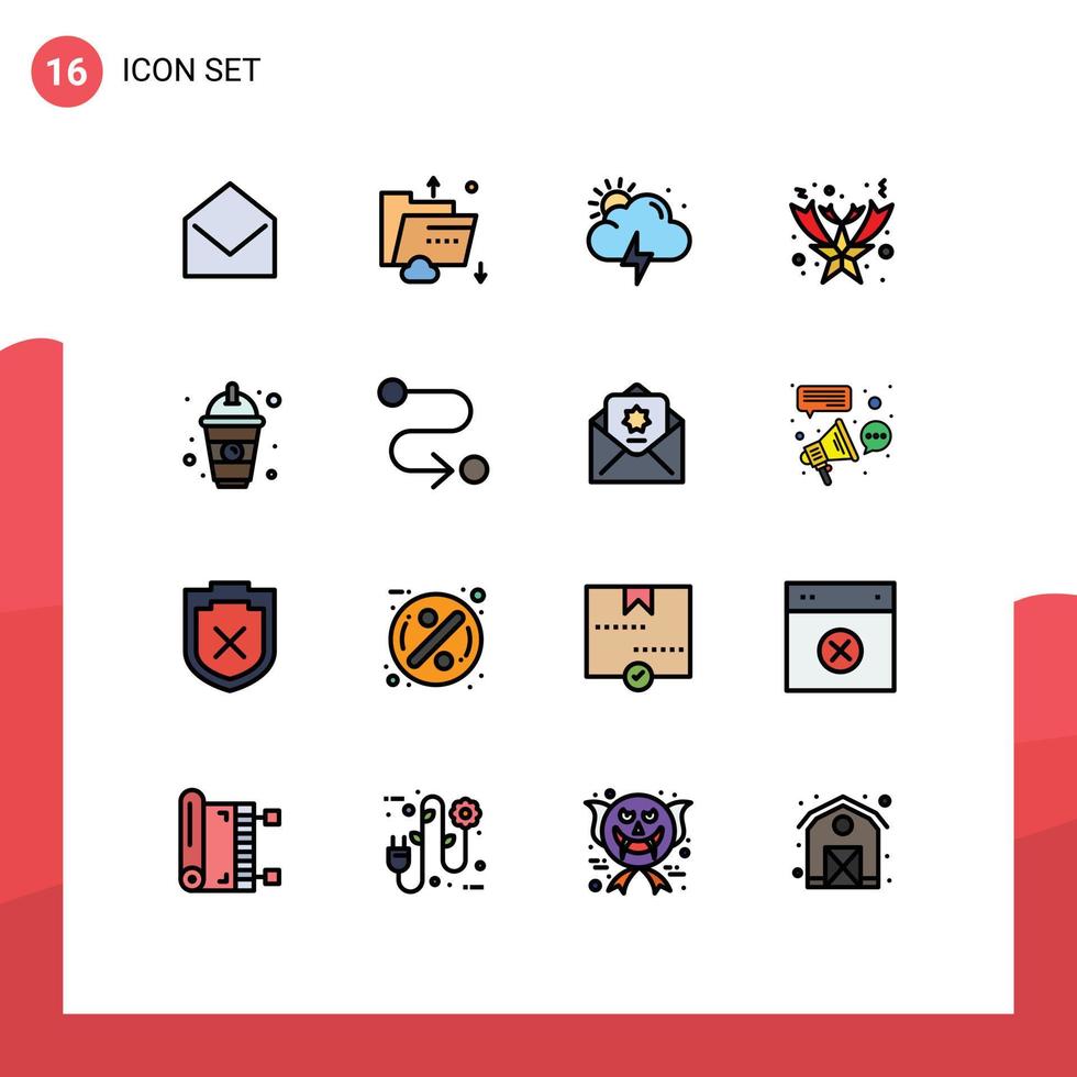 interfaz móvil línea llena de color plano conjunto de 16 pictogramas de alimentos bebidas almacenamiento estrella navidad elementos de diseño de vectores creativos editables