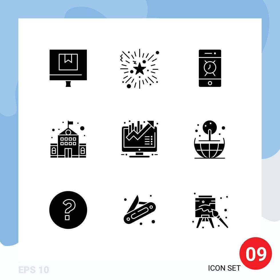 User Interface Pack of 9 Basic Solid Glyphs of business growth school night party education phone Editable Vector Design Elements