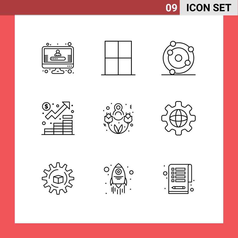 User Interface Pack of 9 Basic Outlines of eight march management atom growth business Editable Vector Design Elements